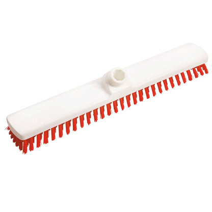 Immagine del Großraumwischer PBT Hart 400x60x26 mm di Haug Bürsten KG con manico in plastica bianca e setole rosse durevoli, ideale per la pulizia professionale. Dispone di un punto di fissaggio per l'attacco di un manico in alto, garantendo risultati accurati.