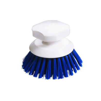 L'immagine mostra una spazzola a pulsante Haug 90 x Ø120 mm di Haug Bürsten KG, con un manico in plastica bianca e setole blu densamente posizionate, ideale per lo strofinamento professionale di superfici e per l'uso igienico in casa.