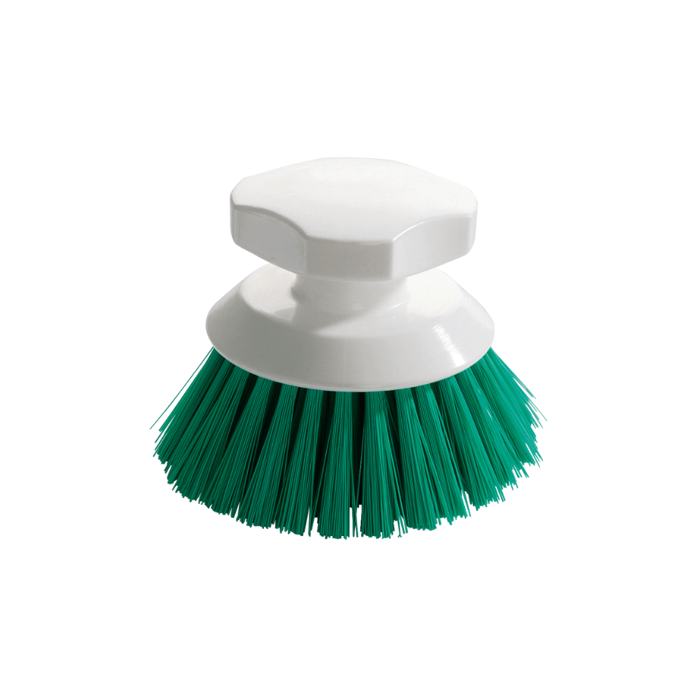 La spazzola a pulsante Haug 90 x Ø120 mm di Haug Bürsten KG è una spazzola abrasiva in plastica bianca, perfetta per compiti di pulizia, con un manico esagonale e setole verdi che risaltano su uno sfondo bianco semplice.