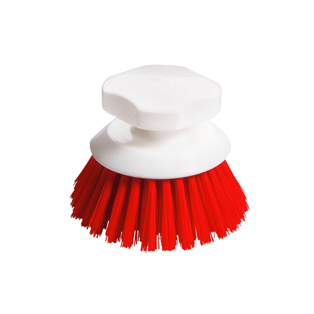 La spazzola a pulsante Haug 90 x Ø120 mm di Haug Bürsten KG ha un manico in plastica bianca, una forma rotonda e setole rosse rigide. È ideale per la pulizia professionale e offre una soluzione igienica efficace per strofinare le superfici.