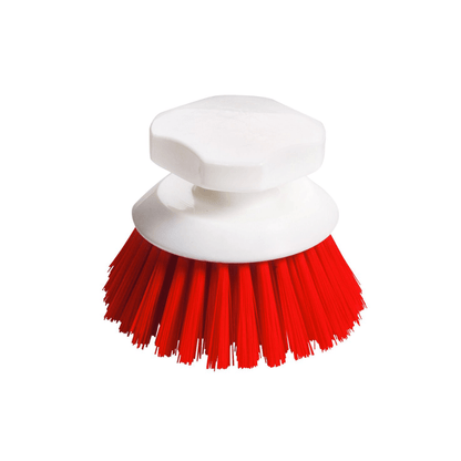 La spazzola a pulsante Haug 90 x Ø120 mm di Haug Bürsten KG ha un manico in plastica bianca, una forma rotonda e setole rosse rigide. È ideale per la pulizia professionale e offre una soluzione igienica efficace per strofinare le superfici.