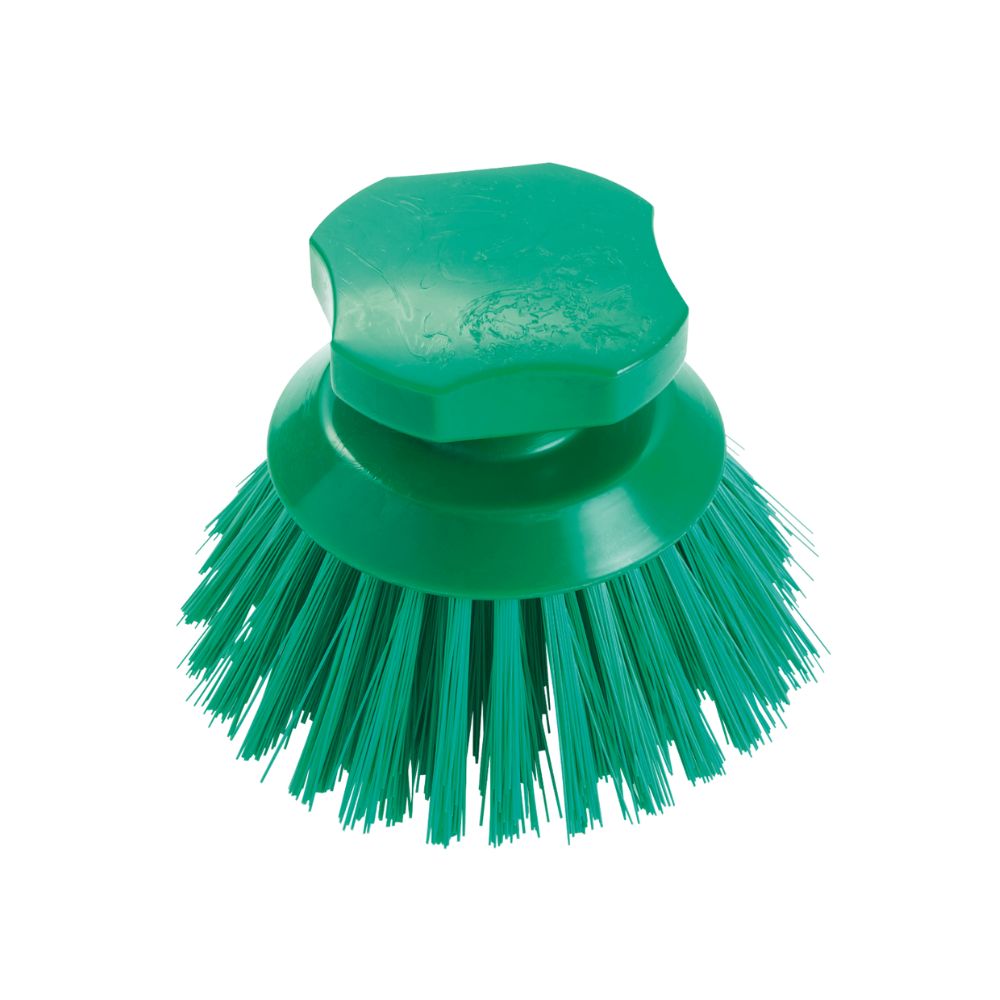 La spazzola a pulsante Haug 90 x Ø120 mm a colori pieni di Haug Bürsten KG è una spazzola verde con setole rigide in PBT e un manico arrotondato, che garantisce igiene.