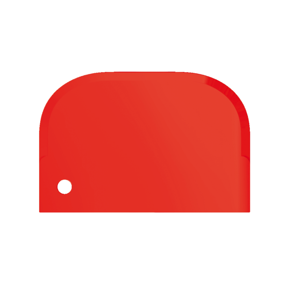 Ein leuchtend roter Artikel mit abgerundeten Kanten und glänzender Oberfläche, der an den Haug Schaber klein 15 x 10 cm von Haug Bürsten KG erinnert. Er weist ein kleines rundes Loch in der unteren linken Ecke auf und wird vor einem schlichten weißen Hintergrund angezeigt.