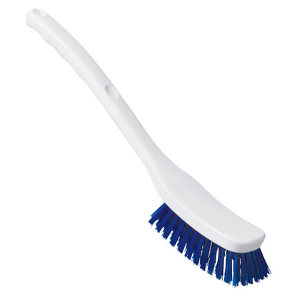 È raffigurata una spazzola universale Haug bianca (Haug Bürsten KG) in plastica con setole PBT blu conformi a HACCP e un manico lungo.