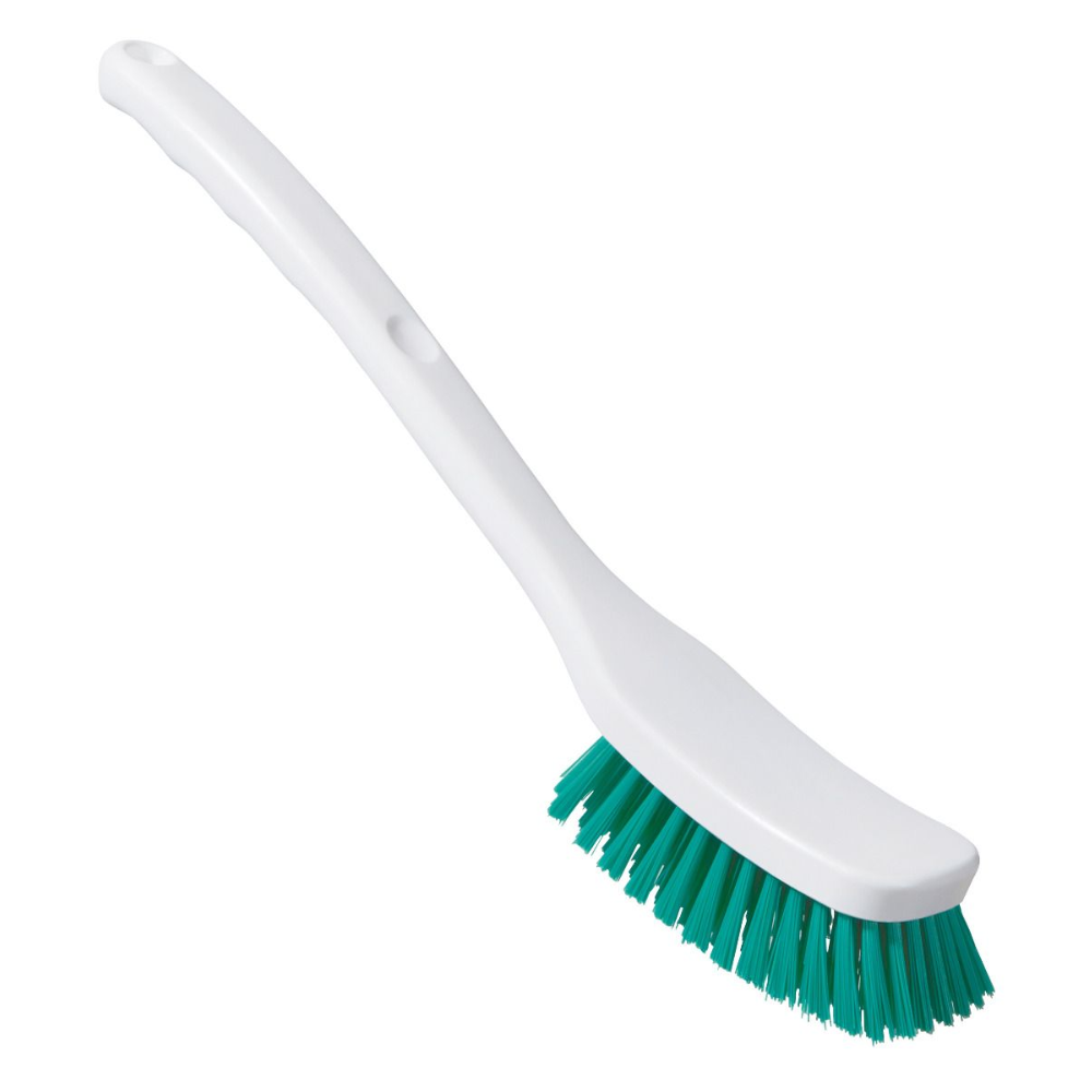 La spazzola universale Haug PBT della Haug Bürsten KG è una spazzola di pulizia in plastica bianca con manico lungo e setole PBT verdi, raffigurata su sfondo bianco.