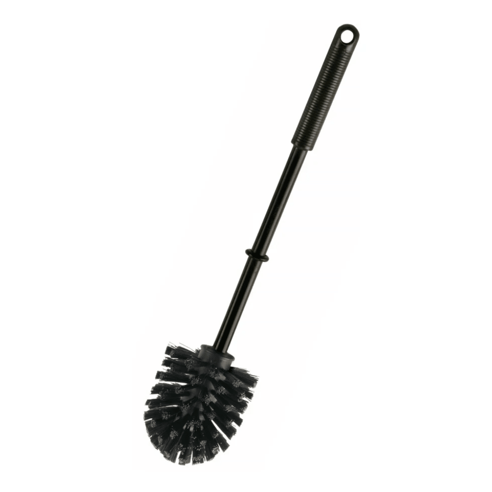 Una piccola spazzola per WC Haug rotonda ø 75 mm PP Nero, prodotta da Haug Bürsten KG, dispone di un lungo manico in polipropilene con una testa di setole rotonda e contiene un piccolo foro per un facile appendimento.