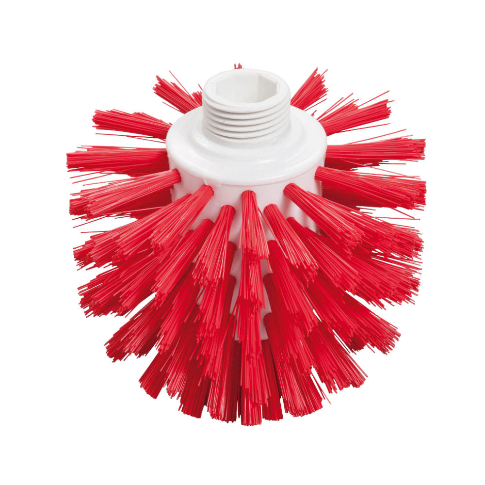 Una spazzola rossa Wolfbürste di Haug Bürsten KG con un design igienico si distingue per le setole dure e densamente confezionate che sporgono da una base di plastica bianca. La base ha un'apertura filettata per il collegamento a uno strumento di pulizia, rendendola perfetta per ambienti sicuri per alimenti.