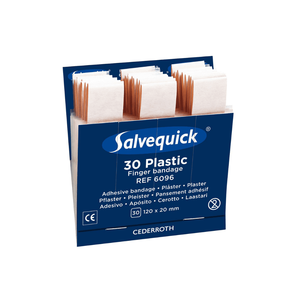 Una scatola di ricarica blu Holthaus Medical Salvequick® con la scritta "Fingerverband Plastic, 30 pezzi" contiene 30 bende confezionate singolarmente (120 x 20 mm), Rif. n. 6096, di Holthaus Medical GmbH & Co. KG.