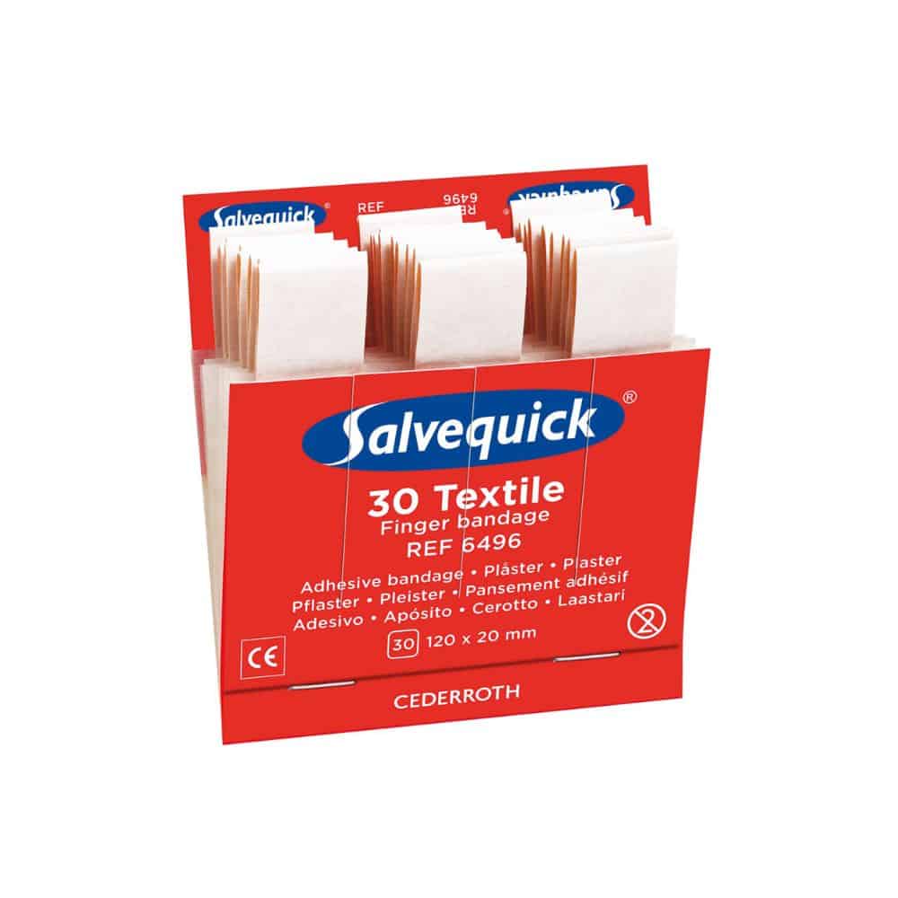 Una scatola di ricarica aperta Holthaus Medical Salvequick® contiene 30 cerotti per le dita in tessuto (120 x 20 mm) per il distributore di cerotti. Le informazioni sul prodotto e i loghi sono visibili. Marca: Holthaus Medical GmbH & Co. KG.