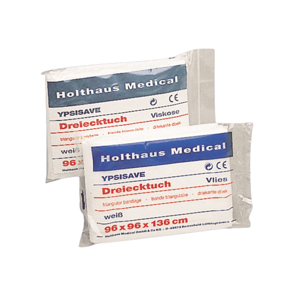 Due pacchetti di triangoli Holthaus Medical YPSISAVE di Holthaus Medical GmbH & Co. KG. Le bende bianche, ideali come fascia per braccio o per fissaggio generale, sono disponibili nelle dimensioni 96 x 96 x 136 cm. Ogni pacchetto contiene testo multilingue e simboli medici.