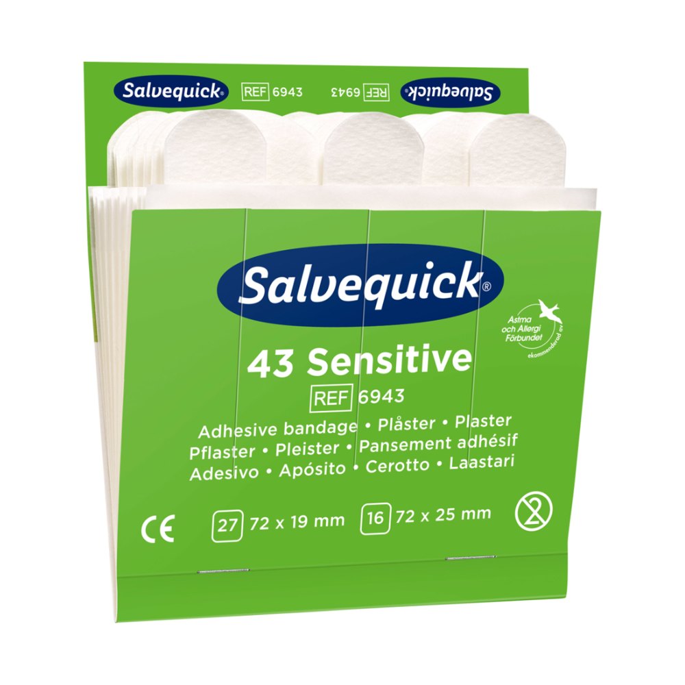 Una confezione verde con Holthaus Medical Salvequick® ricarica di cerotti Vlie-Heftpflaster. La scatola contiene 43 cerotti nelle dimensioni di 27 x 19 mm e 72 x 25 mm. Questo prodotto con il numero di riferimento 6943 è particolarmente delicato sulla pelle sensibile di Holthaus Medical GmbH & Co. KG. Ideale come ricarica per il vostro distributore di cerotti Salvequick. Marchi e loghi sono chiaramente visibili.