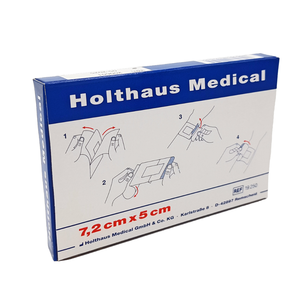Una scatola blu-bianca „Holthaus Ypsiderm® plus bendaggio per ferite 7,2 x 5 cm - 5 cerotti“ della Holthaus Medical GmbH & Co. KG contiene cinque cerotti. Sulla scatola si trova una guida illustrata passo-passo per l'applicazione del bendaggio autoadesivo, nonché informazioni sul produttore e il numero di riferimento 1250.