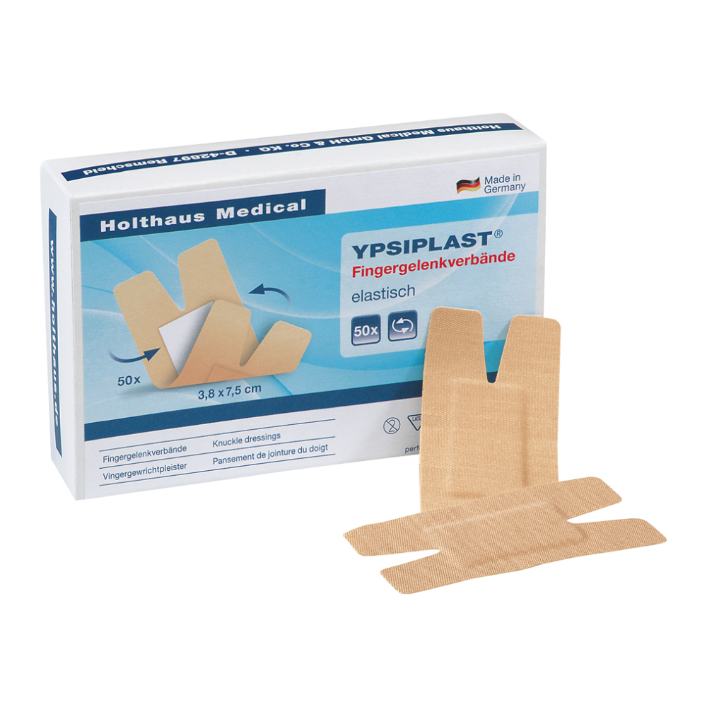 Scatola Holthaus Ypsiplast® bendaggio per articolazioni delle dita, elastico con 50 bende di Holthaus Medical GmbH & Co. KG. Queste bende, prodotte in Germania, sono progettate per le articolazioni delle dita e misurano ciascuna 3,8 x 7,5 cm, con due bende raffigurate fuori dalla scatola.