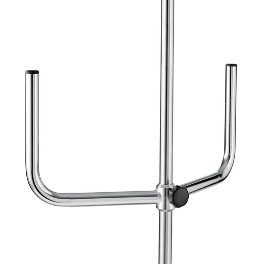 Eine Nahaufnahme des Novocal Infusionspumpenhalters für Pumpen zeigt seinen stabilen Metallständer mit einer zentralen Stange und zwei U-förmigen horizontalen Armen, die jeweils mit einer schwarzen Kappe versehen sind - perfekt für die Befestigung von Infusionspumpen.