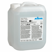 Un contenitore da 10 litri in plastica traslucida con tappo a vite bianco e l'iscrizione "Kiehl Duocit-eco balance detergente sanitario senza profumi e coloranti" della Johannes Kiehl KG contiene indicazioni e informazioni di sicurezza multilingue.