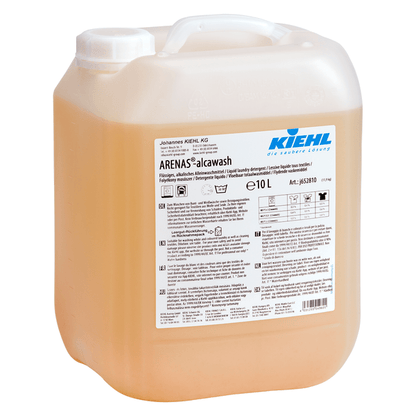 Un contenitore da 10 litri in plastica semitrasparente con il prodotto Kiehl ARENAS-alcawash Detergente liquido alcalino della Johannes Kiehl KG, con un manico e un'etichetta con informazioni sul prodotto e istruzioni; all'interno è visibile un detergente liquido giallastro.