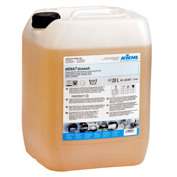 Kiehl ARENAS-alcawash Detergente liquido alcalino della Johannes Kiehl KG in un contenitore da 20 litri in plastica traslucida con tappo a vite nero e un'etichetta con informazioni sul prodotto e istruzioni per l'uso.