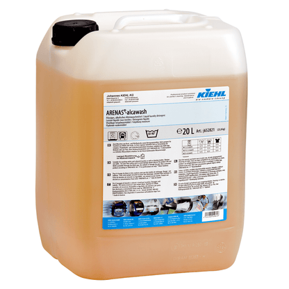 Kiehl ARENAS-alcawash Detergente liquido alcalino della Johannes Kiehl KG in un contenitore da 20 litri in plastica traslucida con tappo a vite nero e un'etichetta con informazioni sul prodotto e istruzioni per l'uso.