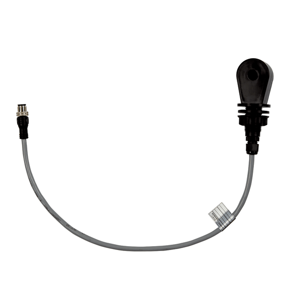 Nella foto è rappresentata una sonda di conducibilità induttiva Johannes Kiehl KG nero-grigia con 50 cm di cavo e connettore per l'installazione nel serbatoio dell'acqua di una lavastoviglie su sfondo bianco.