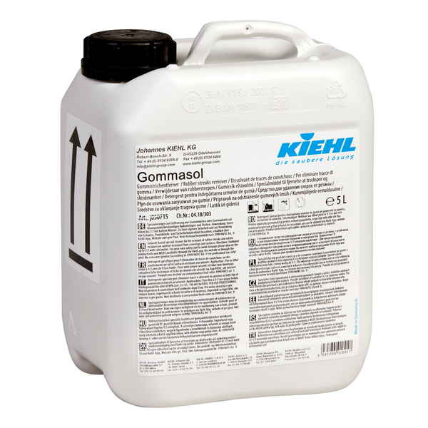 Die weiße 5-Liter-Kunststoffflasche Kiehl Gommasol Gummistrichentferner der Johannes Kiehl KG hat einen schwarzen Verschluss, zwei schwarze Pfeile nach oben und ein mehrsprachiges Etikett mit Hinweisen für die industrielle Bodenreinigung.