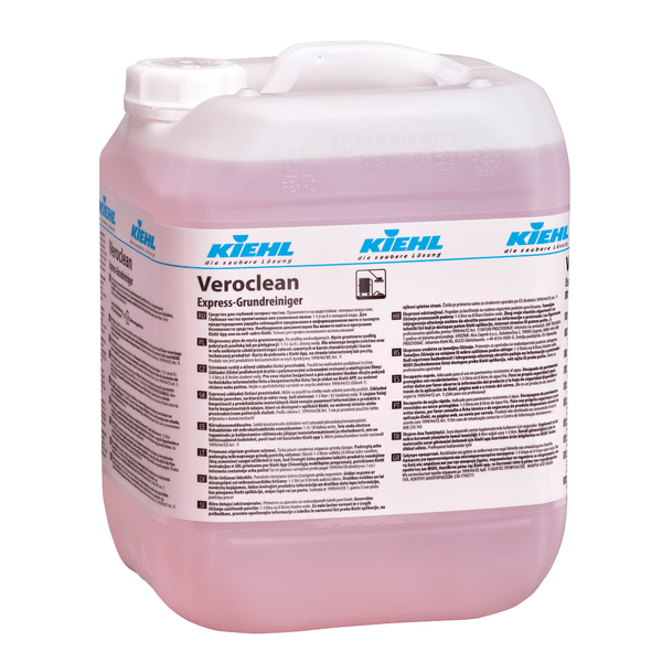 In un grande contenitore di plastica trasparente con coperchio bianco si trova il detergente di base rosa Kiehl Veroclean Express della Johannes Kiehl KG, che come detergente di base per tutte le superfici consente una pulizia rapida ed efficace.