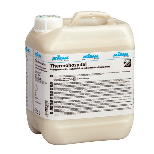Una scatola con 2 x 5L Johannes Kiehl KG Thermohospital Dispersione resistente ai disinfettanti, con plastica resistente all'alcool e parte anteriore etichettata, progettata per ospedali.