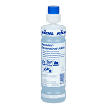 Una bottiglia da 1 litro di detergente universale a base alcolica Kiehl Keradet-Konzentrat-Aktiv della Johannes Kiehl KG, per una pulizia senza aloni, con tappo blu ed etichetta multilingue contenente informazioni sul prodotto e istruzioni per l'uso.