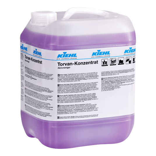 Grande contenitore in plastica trasparente con manico e tappo a vite, riempito con un liquido viola. L’etichetta reca la scritta «Kiehl Torvan-Konzentrat Aktivreiniger» della Johannes Kiehl KG e contiene informazioni sul prodotto in diverse lingue.