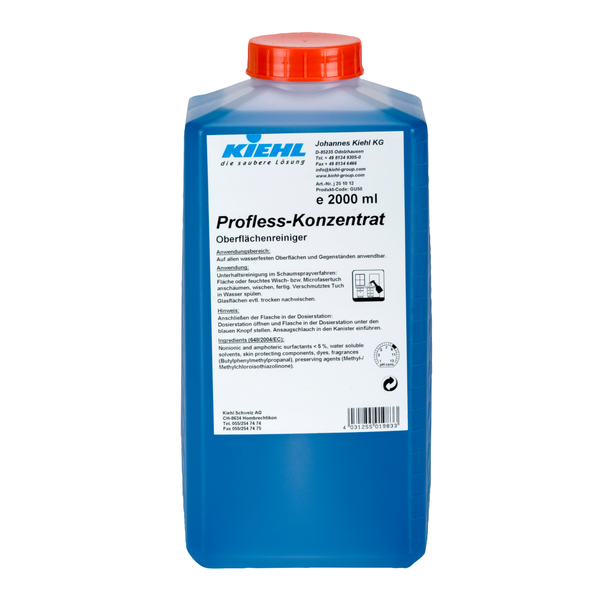 Ein blauer 2000-ml-Kunststoffbehälter mit roter Kappe und der Aufschrift "Kiehl Profless-Konzentrat Oberflächenreiniger" der Johannes Kiehl KG mit Produkt- und Anwendungshinweisen in deutscher Sprache für die umweltfreundliche Reinigung.