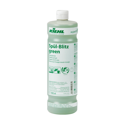 Una bottiglia da 1000 ml di detergente per piatti a mano Kiehl Spül-Blitz verde della Johannes Kiehl KG con tappo bianco, etichetta verde con testo multilingue e simboli di riciclaggio; contiene un liquido verde chiaro biodegradabile.
