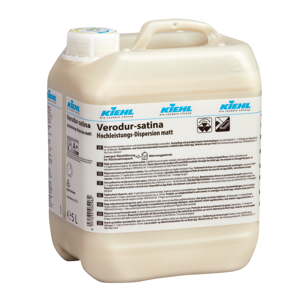 Ein 5-L-Karton (2 Flaschen) Kiehl Verodur-satina Hochleistungs-Dispersion, matt, von Johannes Kiehl KG, mit weißen Verschlüssen und deutschen Etiketten mit Gebrauchs- und Sicherheitshinweisen.