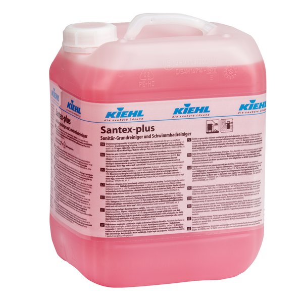 Un contenitore di plastica trasparente con liquido rosa con l'etichetta "Kiehl Santex-plus Detergente di base sanitario e per piscine" della Johannes Kiehl KG, con istruzioni multilingue per la rimozione dei depositi di calcare.