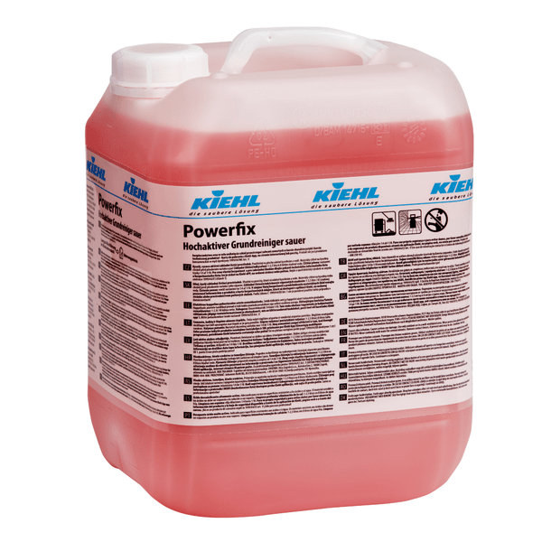 Un grande contenitore di plastica trasparente con manico, riempito con liquido rosso. Etichetta: "Kiehl Powerfix Detergente di base altamente attivo, acido" della Johannes Kiehl KG; per la pulizia professionale e la decalcificazione, con simboli di sicurezza e istruzioni per l'uso.