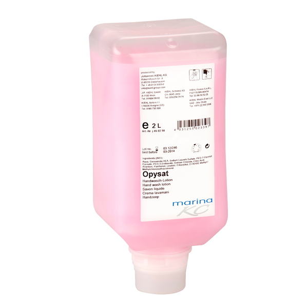 Una bottiglia dispenser rettangolare da 2 litri della lozione lavamani Kiehl Opysat della Johannes Kiehl KG, riempita con detergente per mani rosa e neutro per il pH, etichettata con dettagli sul prodotto e istruzioni per la cura delle mani in più lingue.