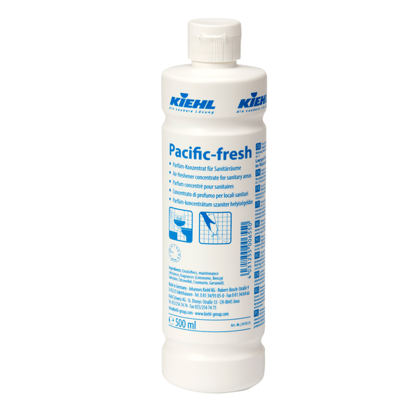 Bottiglia di plastica bianca da 500 ml di concentrato di profumo Kiehl Pacific-fresh per sanitari della Johannes Kiehl KG con neutralizzazione degli odori, profumo di lunga durata, testo blu sull'etichetta e tappo bianco. Disponibile in scatole da 12 bottiglie.