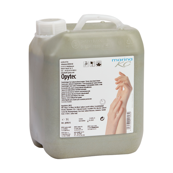 Un contenitore di plastica da 5 litri del detergente per le mani Opytec per sporco grosso della Johannes Kiehl KG con una maniglia a pompa e un'etichetta con dettagli di prodotto e marchio, nonché un'immagine di lavaggio delle mani - ideale per la pulizia efficace dello sporco grosso.