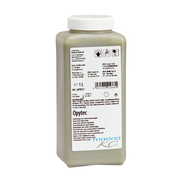 Bottiglia rettangolare da 1L in plastica con tappo a vite che contiene Kiehl Opytec detergente per le mani per sporco grosso della Johannes Kiehl KG. L'etichetta sul davanti contiene dettagli del prodotto, istruzioni e informazioni sul produttore in più lingue.