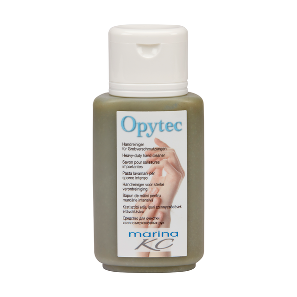 Una bottiglia di plastica della Johannes Kiehl KG con tappo bianco e la scritta Kiehl Opytec detergente per le mani per sporco grosso" porta un'etichetta marina KC" multilingue su sfondo chiaro.