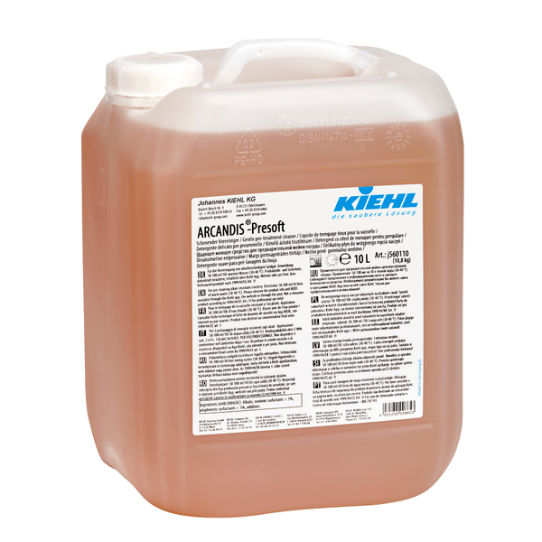 Un contenitore da 10 litri di Kiehl ARCANDIS-Presoft Pre-detergente delicato della Johannes Kiehl KG, con tappo a vite bianco e un'etichetta grande e multilingue con informazioni sul prodotto e sulla sicurezza. Il marchio Kiehl è ben visibile sull'etichetta.