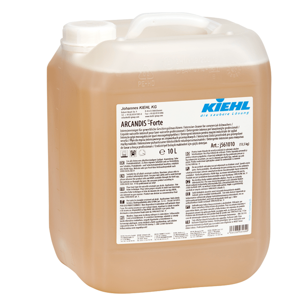 Un contenitore da 10 litri in plastica trasparente con tappo a vite bianco, riempito con liquido color ambra. Sull'etichetta è scritto in diverse lingue "Kiehl ARCANDIS-Forte detergente intensivo per lavastoviglie industriali" della Johannes Kiehl KG.