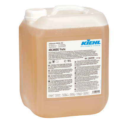 Un contenitore da 10 litri in plastica trasparente con tappo a vite bianco, riempito con liquido color ambra. Sull'etichetta è scritto in diverse lingue "Kiehl ARCANDIS-Forte detergente intensivo per lavastoviglie industriali" della Johannes Kiehl KG.