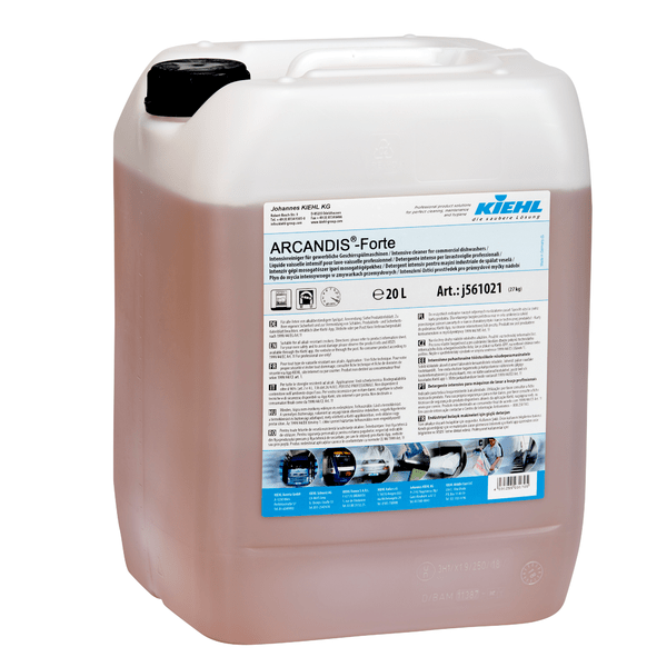 Un contenitore di plastica da 20 litri Kiehl ARCANDIS-Forte detergente intensivo per lavastoviglie industriali della Johannes Kiehl KG con manico bianco e un'etichetta frontale dettagliata con istruzioni e immagini.