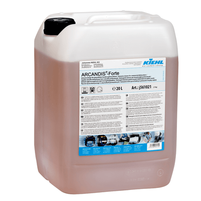 Un contenitore di plastica da 20 litri Kiehl ARCANDIS-Forte detergente intensivo per lavastoviglie industriali della Johannes Kiehl KG con manico bianco e un'etichetta frontale dettagliata con istruzioni e immagini.