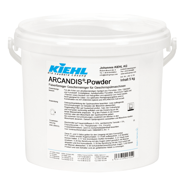 Un contenitore di plastica bianco da 5 kg Kiehl ARCANDIS-Powder detergente in polvere per lavastoviglie di Johannes Kiehl KG, etichettato in tedesco con informazioni sul prodotto, manico e coperchio sigillato.