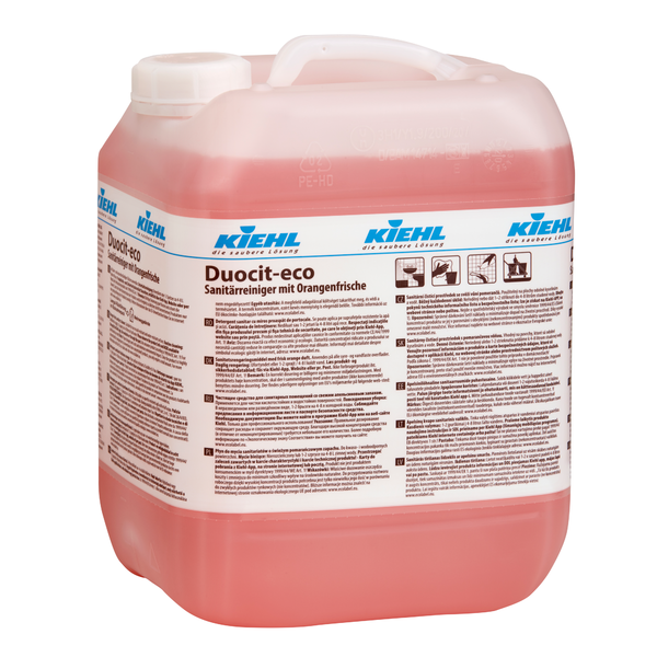 Un grande contenitore di plastica trasparente con liquido rosa riporta l'etichetta "Kiehl Duocit-eco Detergente sanitario con freschezza d'arancia" della Johannes Kiehl KG e sul davanti informazioni sul prodotto e consigli per una pulizia ecologica in lingua tedesca.