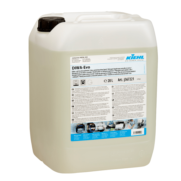 Un contenitore da 20 litri in plastica trasparente con tappo a vite nero, etichettato con "Kiehl DIWA-Evo detergente per bicchieri e stoviglie" della Johannes Kiehl KG. L'etichetta blu-bianco-nera contiene avvertenze e simboli di pericolo.