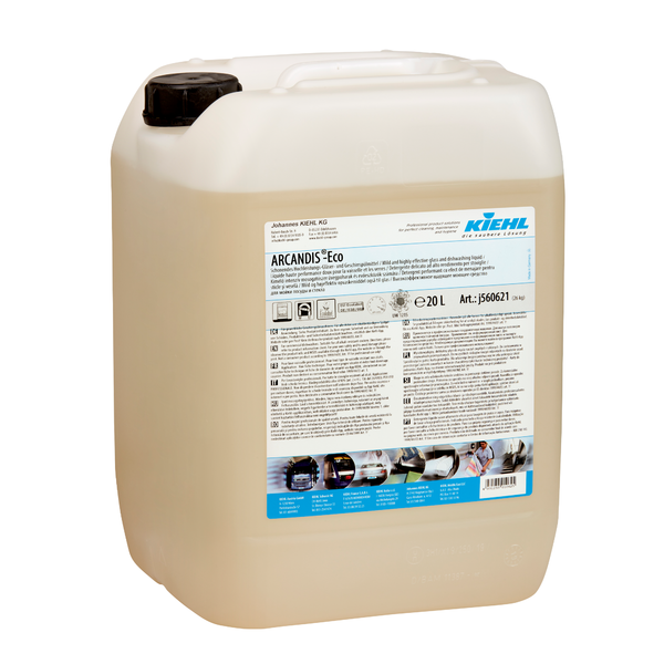 Un grande contenitore di plastica trasparente con coperchio nero, riempito con liquido. Sull'etichetta c'è scritto "Kiehl ARCANDIS-Eco Detergente delicato ad alte prestazioni per vetri e stoviglie" della Johannes Kiehl KG. Capacità: 20 litri.