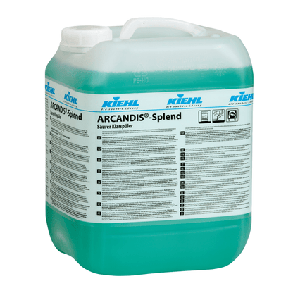 Un grande contenitore di plastica trasparente con coperchio bianco, riempito con liquido verde. L'etichetta dice "Kiehl ARCANDIS-Splend Brillantante Acido" di Johannes Kiehl KG e fornisce indicazioni per la rimozione dei depositi di calcare.