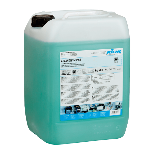 Un contenitore da 20 litri in plastica trasparente con coperchio nero, riempito con liquido blu-verde. L'etichetta dice Kiehl ARCANDIS-Splend Brillantante Acido di Johannes Kiehl KG per lavastoviglie, efficace contro i depositi di calcare.
