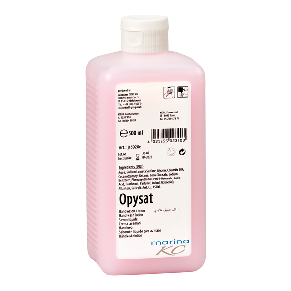 Una bottiglia rosa da 500 ml di Kiehl Opysat Handwasch-Lotion della Johannes Kiehl KG, un sapone per mani neutro per il pH, ha un'etichetta bianca con informazioni sul prodotto, ingredienti, codice a barre, simboli e "marina KC" sul fondo per una pulizia delicata delle mani.